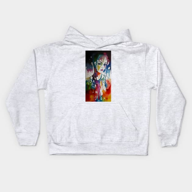 multicolored girl flowing through watercolor Kids Hoodie by omfardo